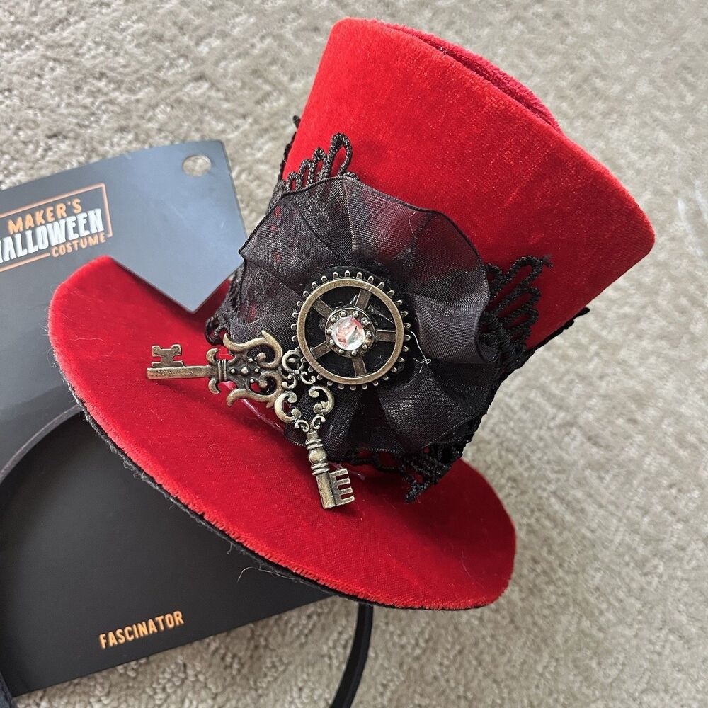 Victorian Steampunk Mad Hatter Red Velvet Mini Top Hat Fascinator Headband Blk